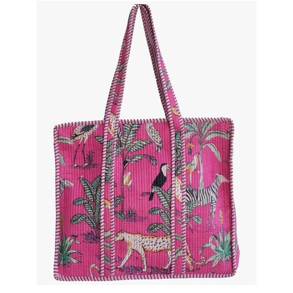 NEW Pink 100% Cotton Jungle Print Shoulder Bag Tote Bag